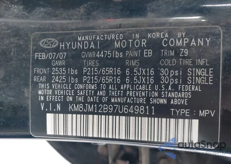 2007 Hyundai Tucson Gls from USA, damaged, VIN KM8JM12B97U649811